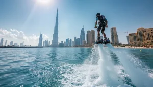 Man behind burj khalifa ride a flyboard in dubai