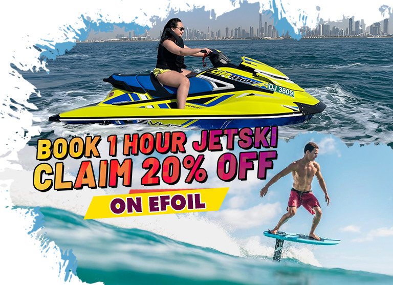 a woman riding a yellow jetski and a guy efoiling
