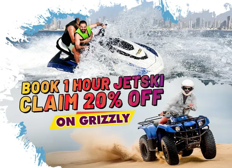 a man and woman riding white color jetski in speed with blue color grizzly quad