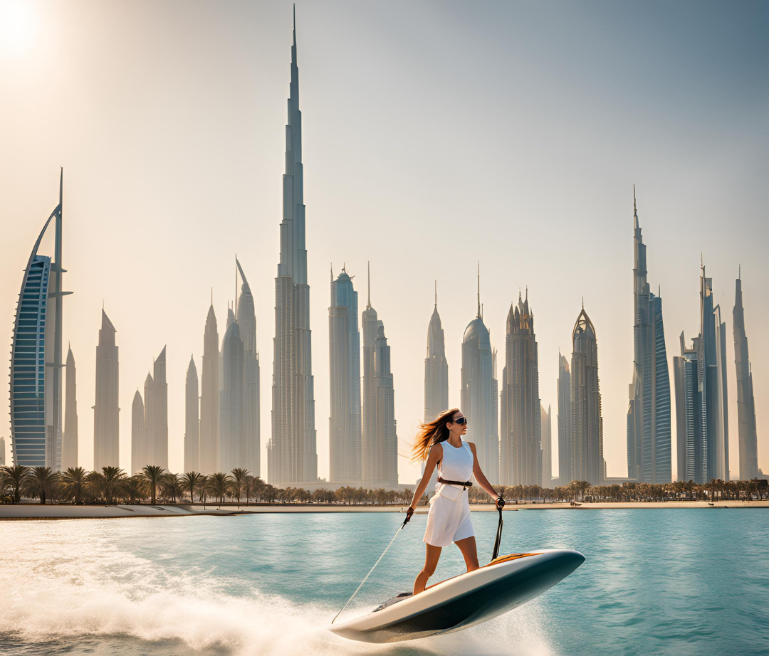 What Not to Do When Efoiling in Dubai - a lady enjoying efoiling with Burj Khalifs backdrop